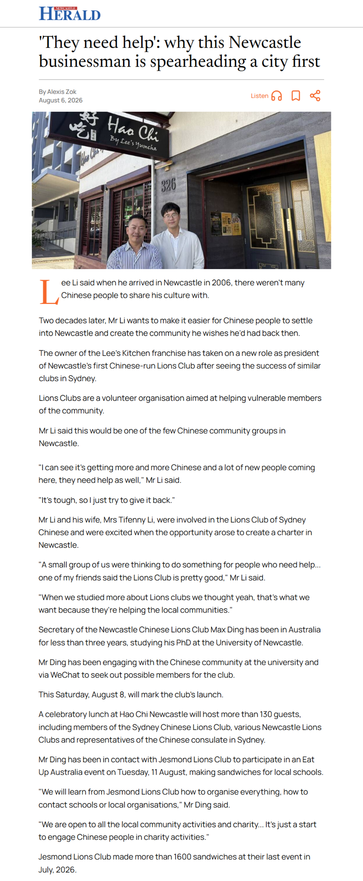 Newcastle Herald photo featuring Newcastle Chinese Lions Club members